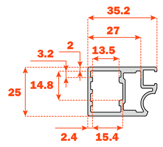 Salice Conecta Aluminium 25mm Profile with Grooved Handle - 3000mm - Bulk Pack of 10 Lengths